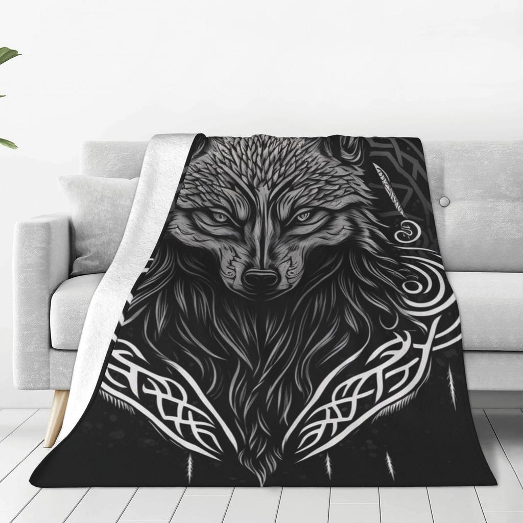Viking Wolf Print Flannel Blanket Soft Warm All Season Throw for Couch Office Bed Camping Gift Idea