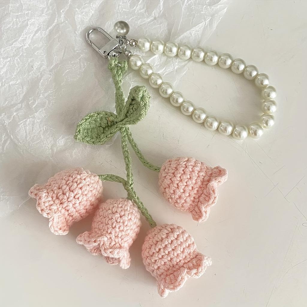 Cute Pearl Chain Woolen Crochet Lily Of Valley Flower String Keychain Bag Decorative Buckle Boho Style Creative Keychain Backpack Pendant Party