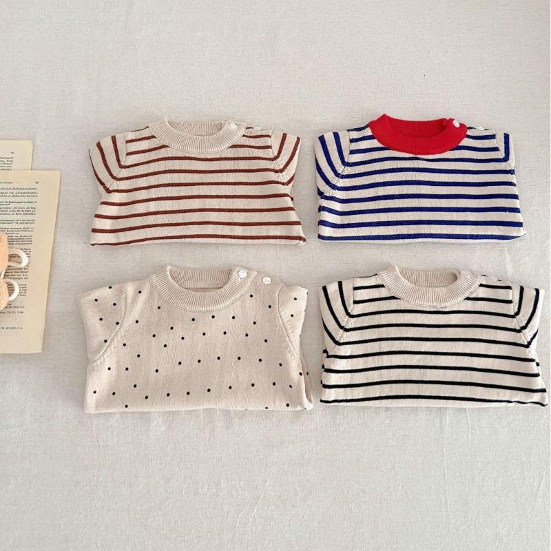 Maglioni per neonati per ragazzo e ragazza, maglione in cotone neonato con scollo tondo a righe e fondo a pois