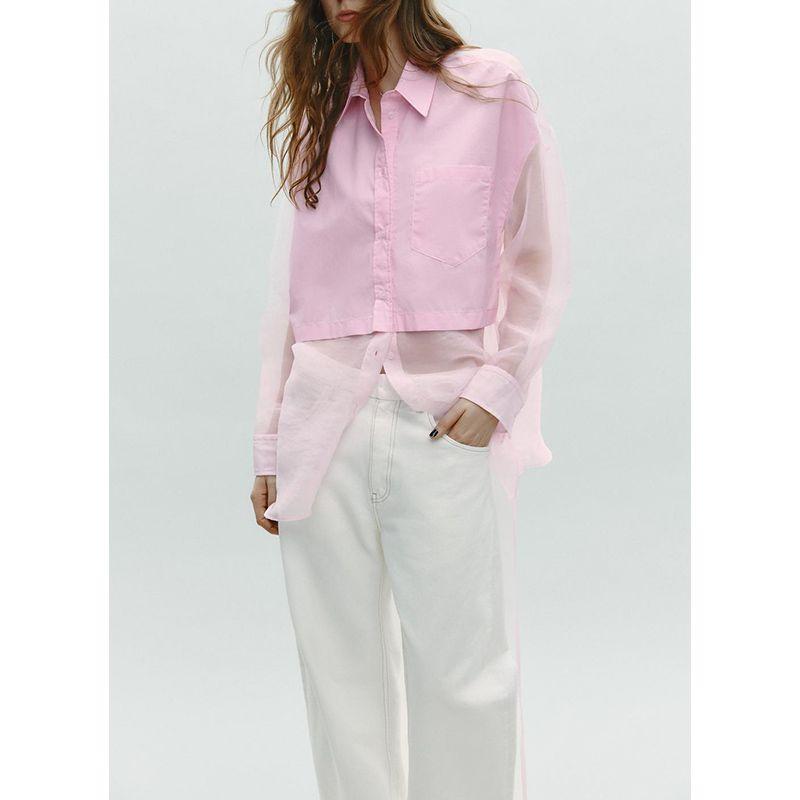 Spring and Summer New Women's Clothing Minimalist Bowknot Decoration Transparent Organza Patchwork Lapel Loose Shirt 5063023