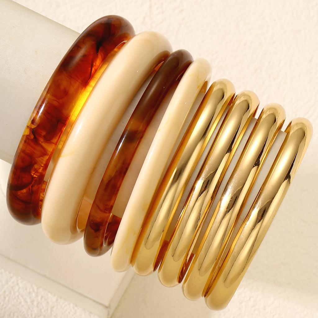 8 Pcs Vintage Gold Color Resin Bangle Set For Women Fashion Chunky Stackable Acrylic Cuff Bracelet Boho Party Daily Wear Jewelry