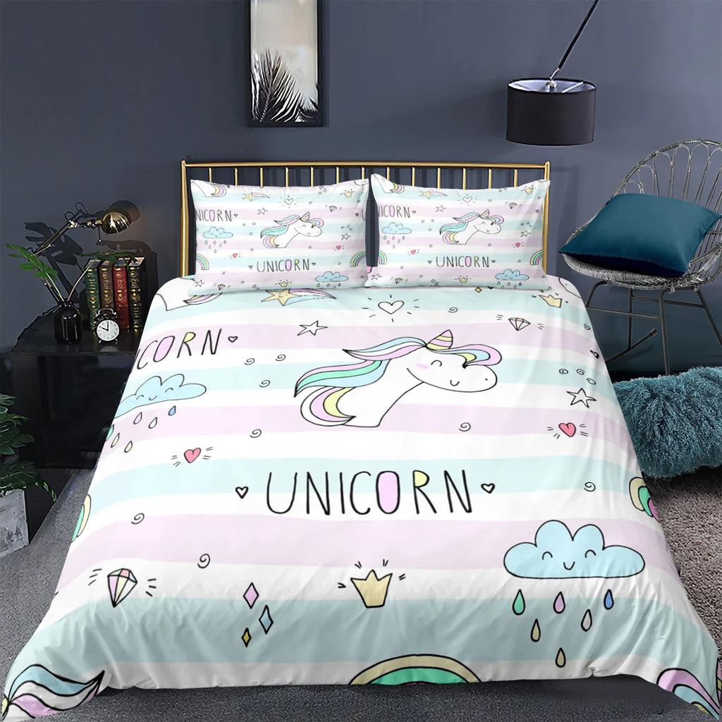 Unicorn Bedding Set King Queen White Pink Unicorn Duvet Cover for Girls Kids Dreamy Cartoon Sparkle Lilac Polyester Quilt Cover