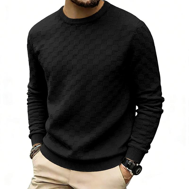 Mens American Heavyweight Loose Casual Checkerboard Jacquard Crew Neck Long Sleeve Sweatshirt