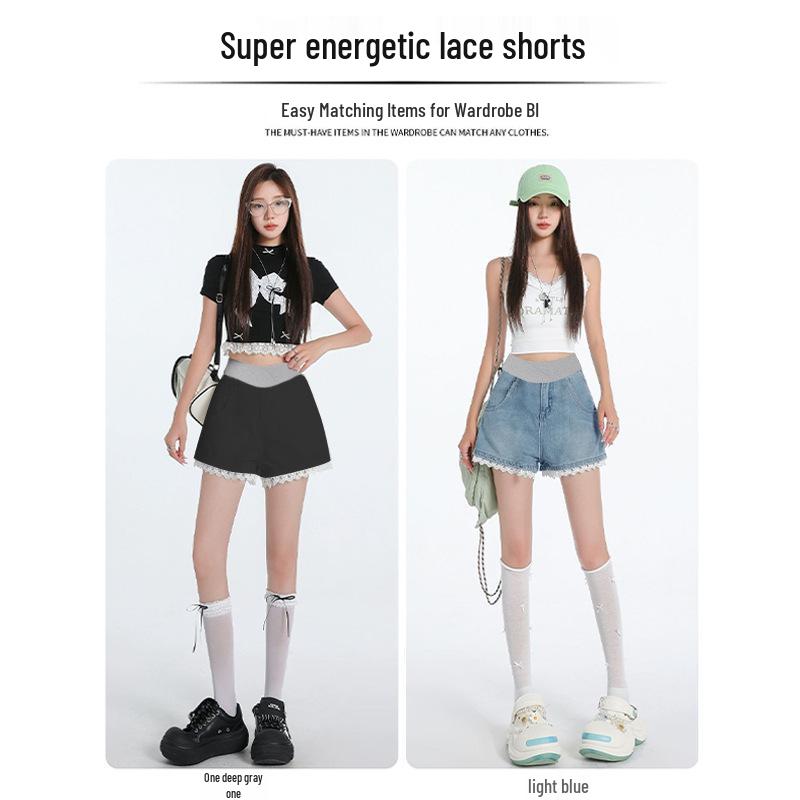 Women's Plus Size Lace Denim Maternity Shorts - Summer 2026 A-line Loose Fit