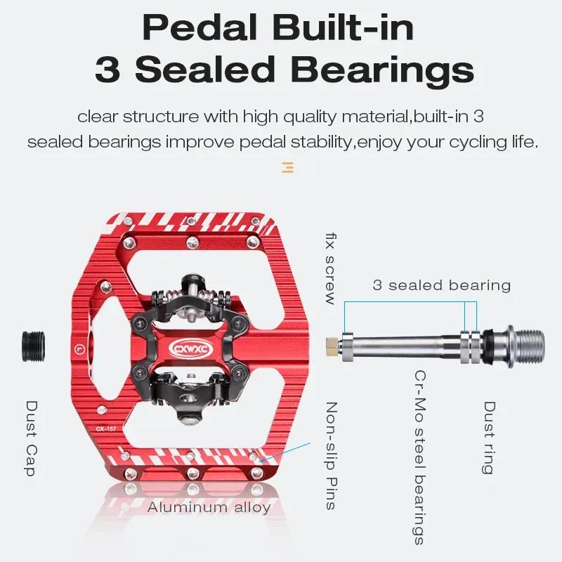 CXWXC 2 In 1 SPD Bicycle Self-Locking Pedal/Flat Bike Pedal for MTB/Road Aluminum Anti-slip 3 Sealed Bearing Bike Lock Pedal