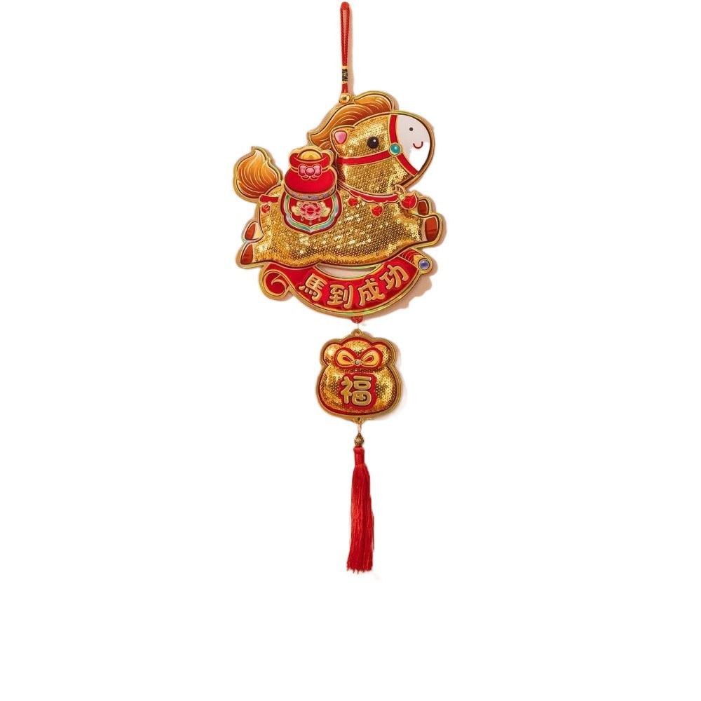 Sequins Year of The Horse Pendant Glitter Shining Horse Wall Hanging Ornaments with Tassel Lucky Bag Door Decoration