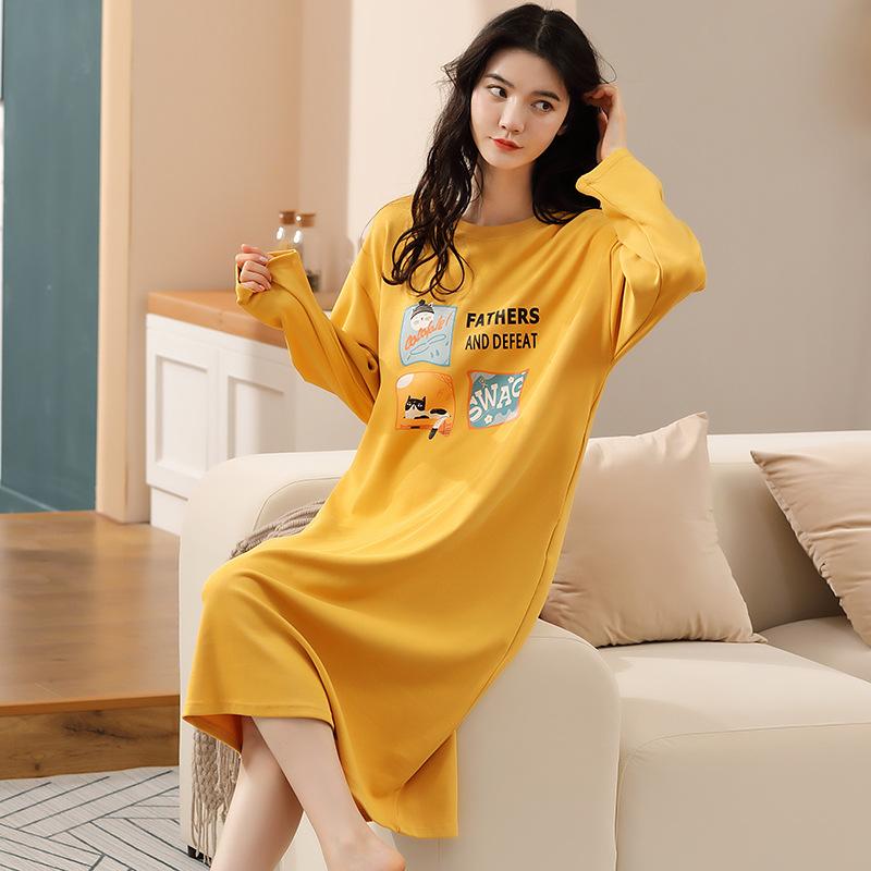

Пижама женская весенне-осенняя хлопковая с длинными рукавами, мультяшная, свободная, большого размера, длинное платье до колена, милая пижама, осенние стили 2XL