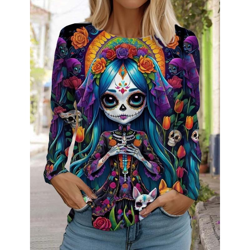 Sugar Skull Pattern Womens Long Sleeve Shirt Day of the Dead Shirts Summer 3D Printed Tops y2k Gothic style Women's Clothing