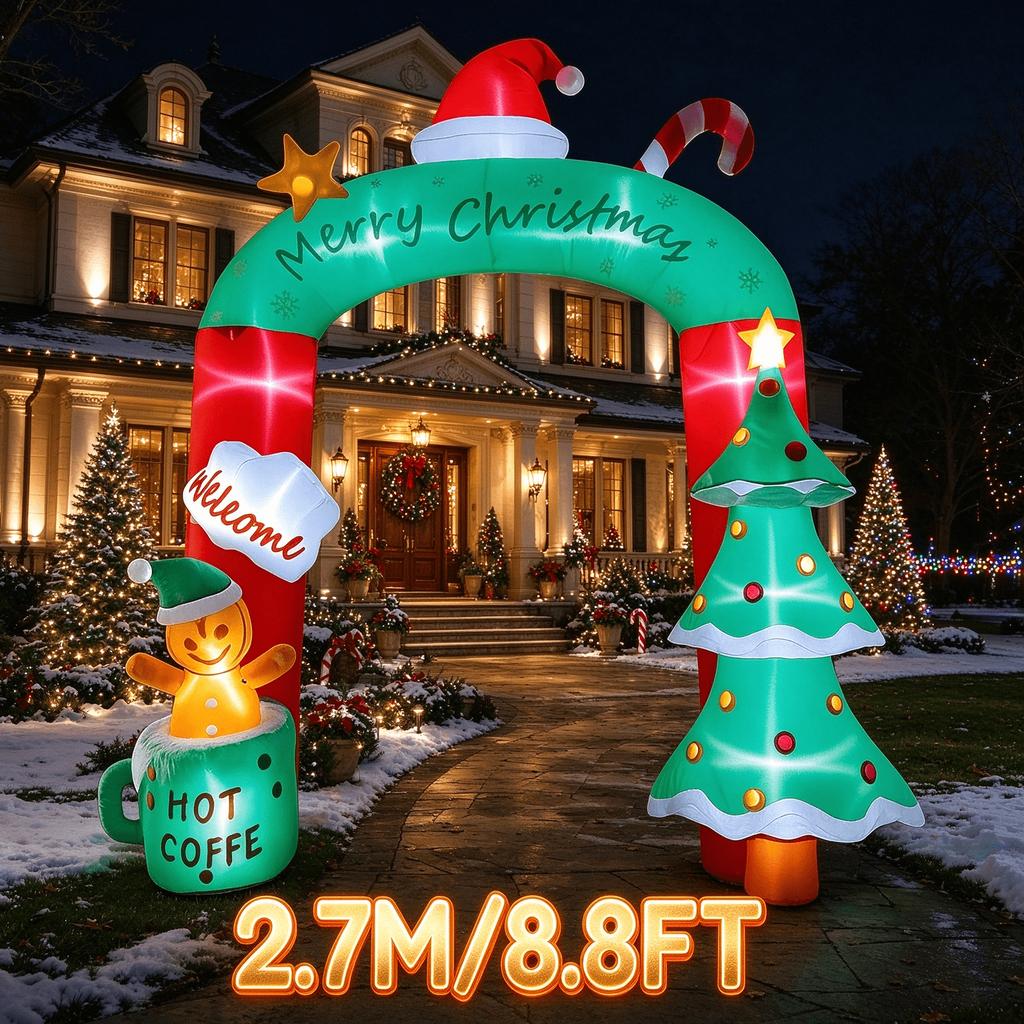 8.8FT/2.7M Inflatable Christmas Arch with Gingerbread Man Hot Coffee and Welcome, Glowing Outdoor Yard Decor
