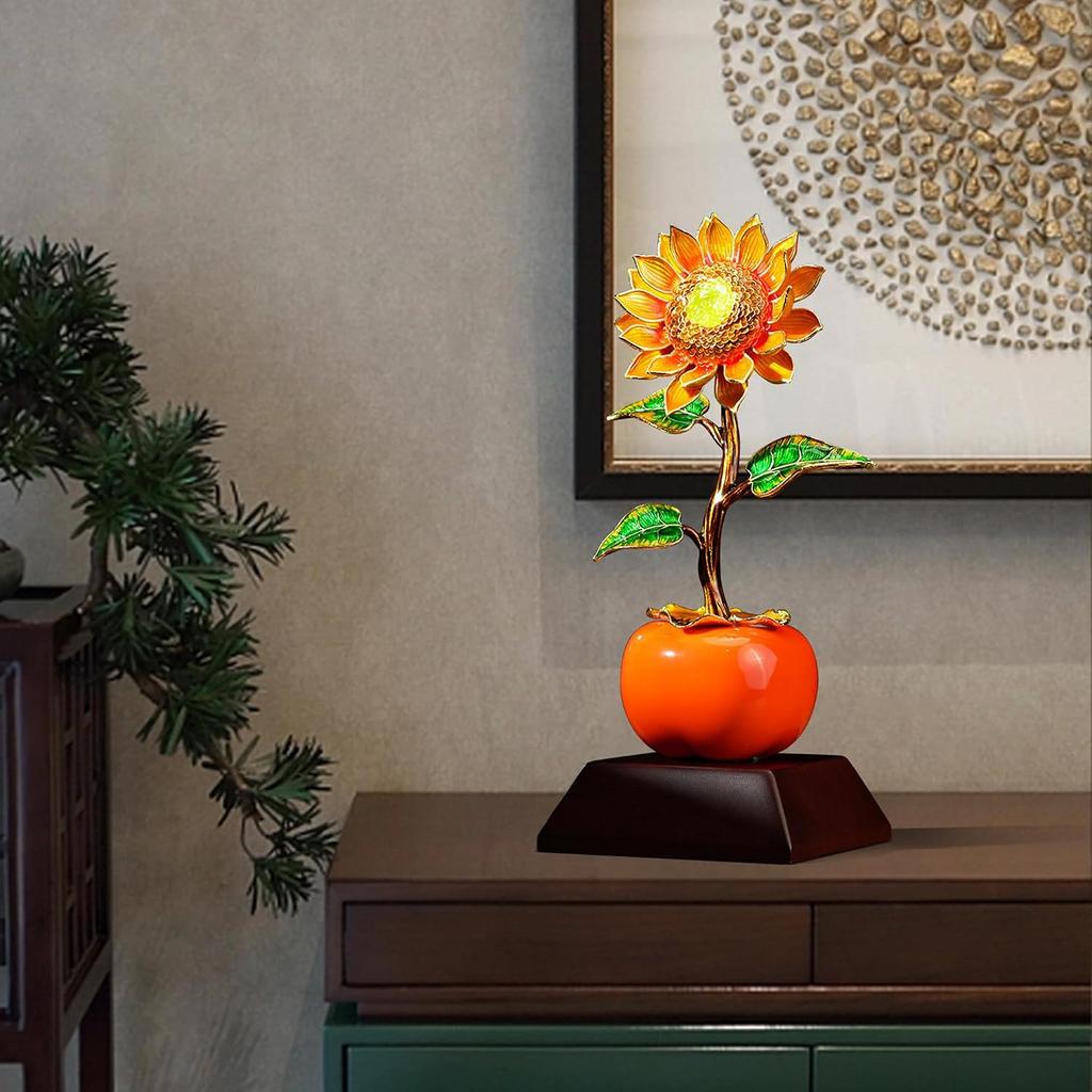Aris & Juno Alloy Enamel Persimmon & Sunflower Sculpture, Modern Chinese Style Blessing Figurine, Wood Base for Office Desk Home Shelf Decor