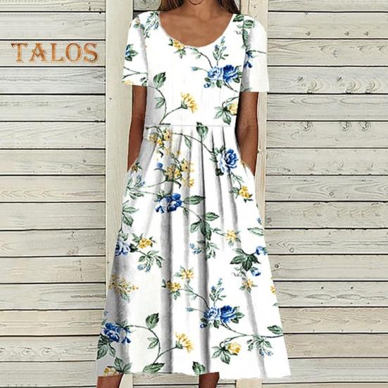Vestido de verano para mujer, de manga corta, informal, con estampado floral, cuello redondo, midi, bolsillos, fluido, corte A, para playa.