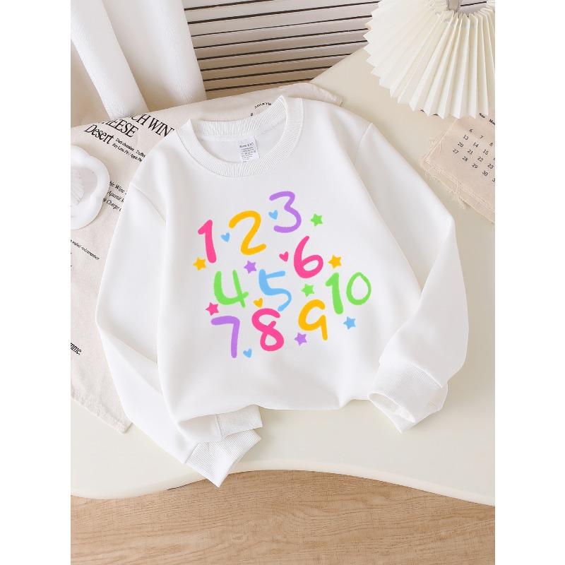 Girls' Soft Crewneck Sweatshirt with Colorful Numbers, Stars, And Hearts Print Pattern, Cute Creative Print, Casual All-Match for Fall Winter