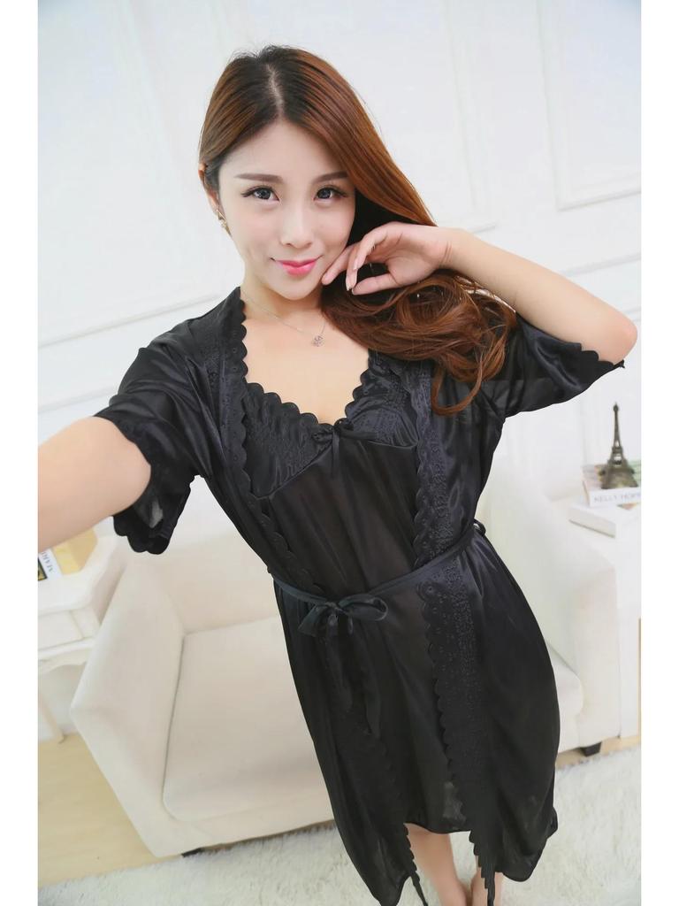 Pyjama-Set aus Eisseide und Spitze in Übergröße – Sexy, lockeres Sommernachthemd 