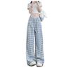 Inward Hem Blue Plaid Women's Wide-Leg Pants - Plus Size Loose Fit for Spring/Summer