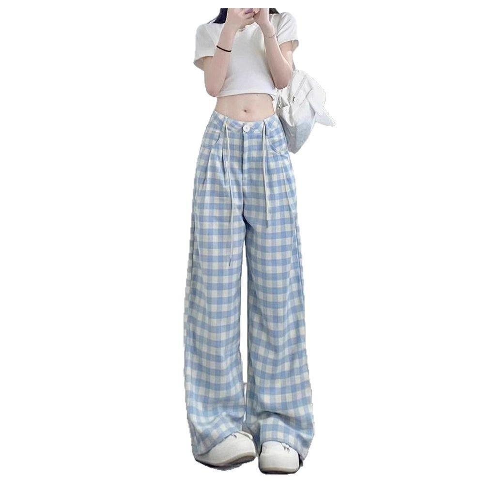 Inward Hem Blue Plaid Women's Wide-Leg Pants - Plus Size Loose Fit for Spring/Summer