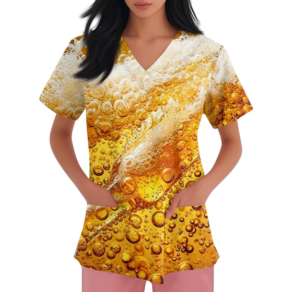 Women V Neck Short Sleeve Work Shirt with Pockets Beer Festival Print Top Nurse Scrub Uniform for Healthcare Professionals