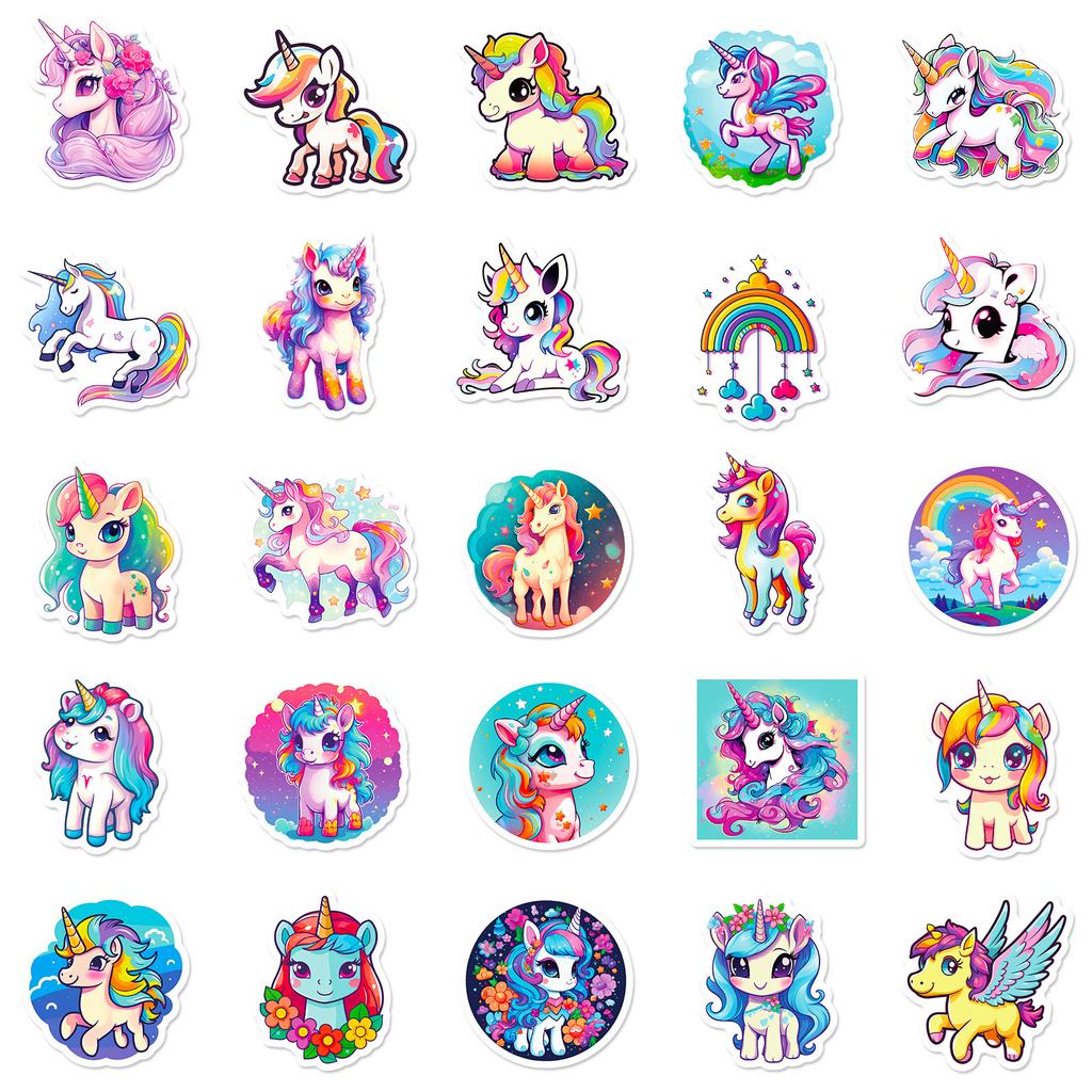 50pcs Cartoon Cute Rainbow Unicorn Stickers Pack for Scrapbooking Laptop Travel Luggage Laptop Wall Car Decoration Decal
