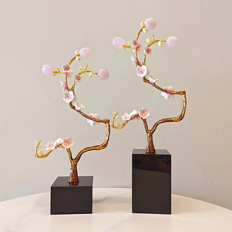 Metal Handicraft Golden Tree Crystal Ball Plum Blossom Statue Metal Decorative Figurines Home Decoration Accessories