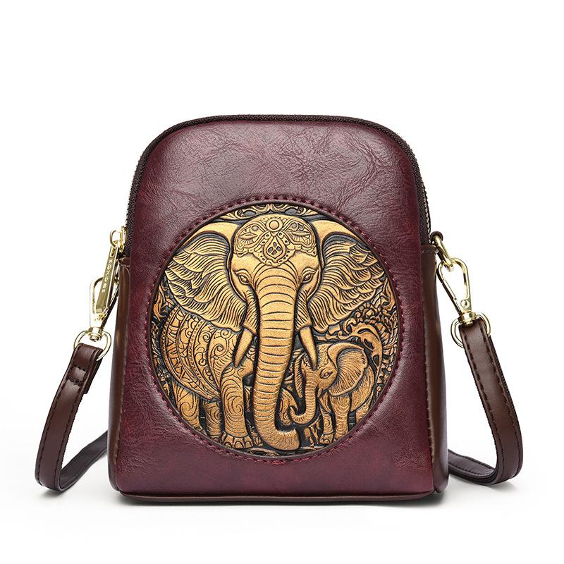 Women's Embossed Elephant Design Crossbody Bag Vintage Leather Shoulder Bag for Daily Use