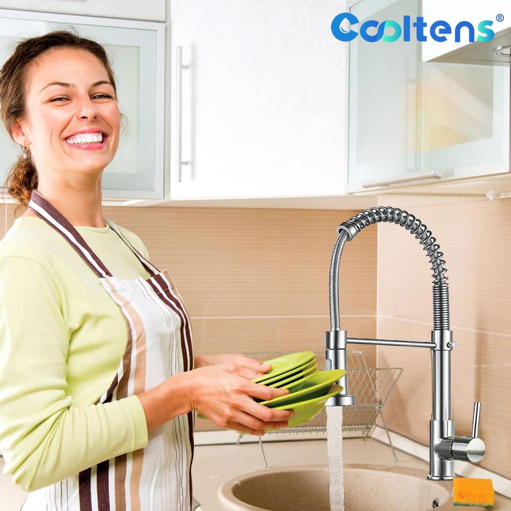 Cooltens Kitchen Single Lever Mixer Tap with Hand Faucet, Shower, Water-Saving Shower, Brass, Spring-Loaded