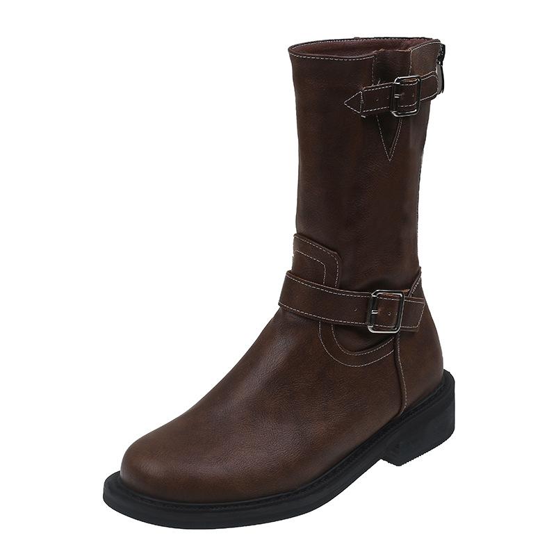 Hongtong Free and Easy Spice Girls~ Coarse Heel Fashion Boots Women's 2025 Autumn Maillard Wind Mid-tube Western Boots Martin Boots Women