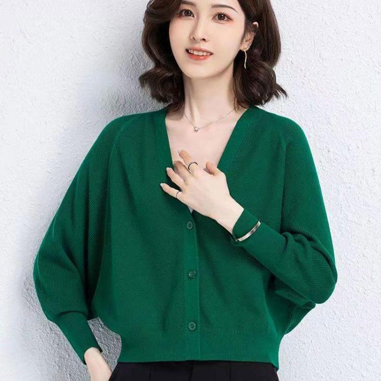 V Neck Batwing Cardigan Sweater for Women Autumn Knit Top Long Sleeve Elastic Coat One Size зелёный
