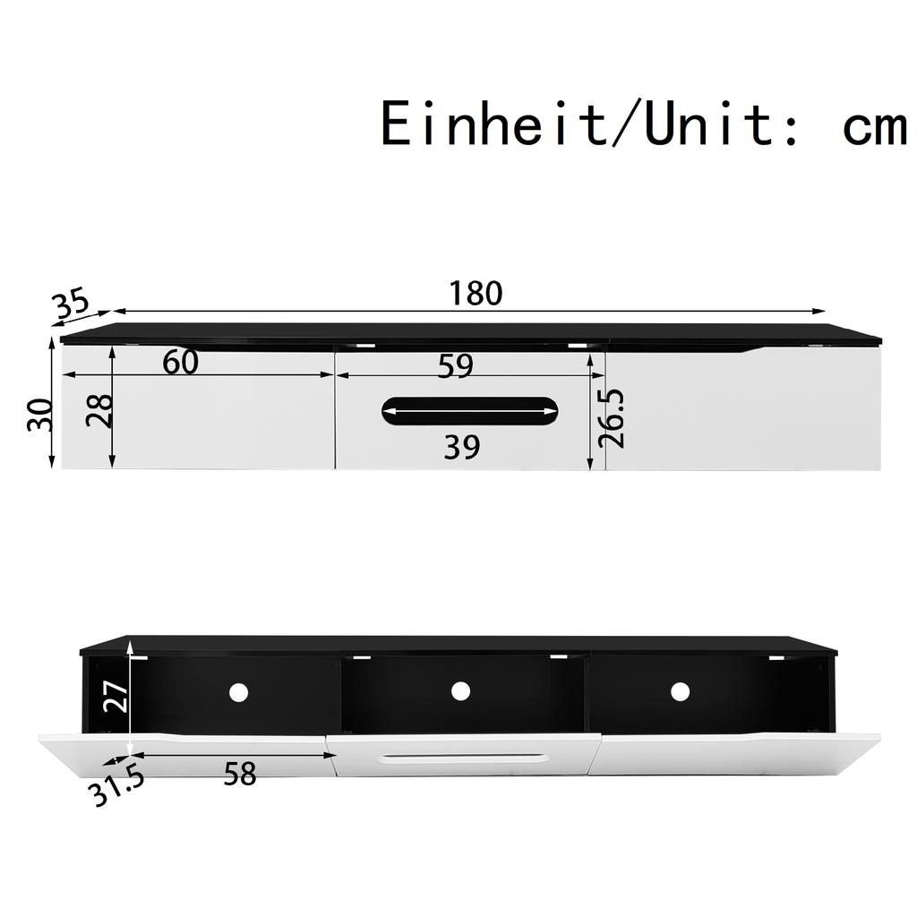 Black-White TV Cabinet, 180 cm Long, High-Gloss Surface, with 16-Color LED Lighting, Wall-Mountable