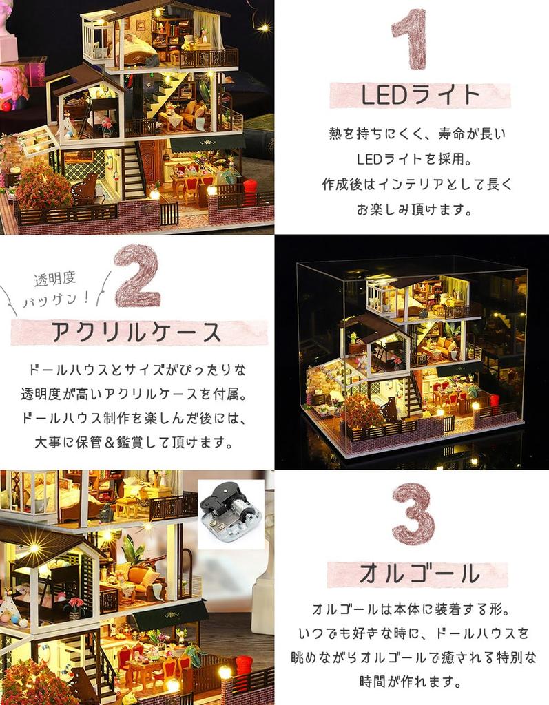Moin Moin Dollhouse Miniature DIY Kit Set Luxury Retro X Modern LED Light Acrylic Case Music Box Cat Figure [English Instructions] Cottage, Mansion,