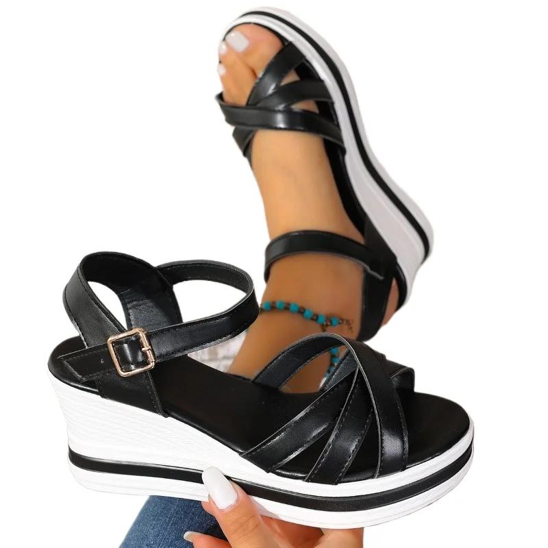 Fashion 2025 Buckle Strap Women's Sandals Open Toe Wedge Heel Fashion Platform Summer Casual Sandals Comfortable Plus Size Shoes Ladies