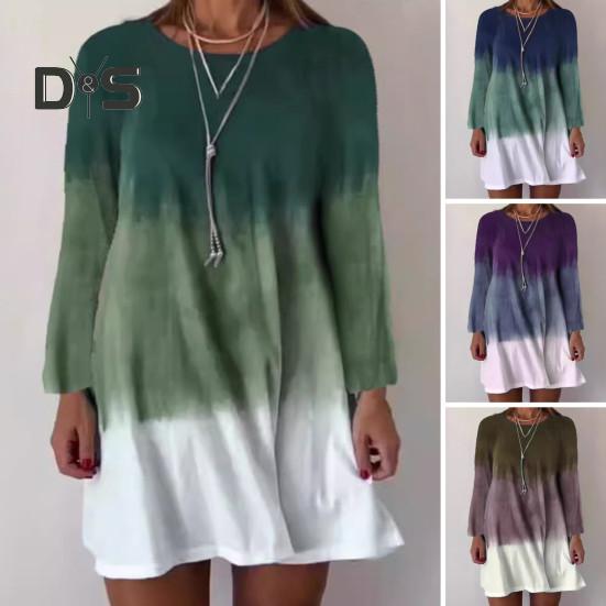 Women's Long Sleeve Dress Gradient Color Printed Dress Loose Fit Round Neck Pullover Dress for Daily Work Parties