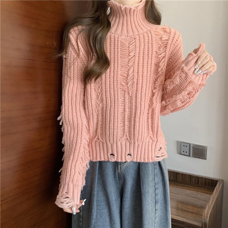 Fringed Turtleneck Knitted Pullovers for Women Autumn Winter Korean Design Ladies Sweater Solid Color Versatile Clothes