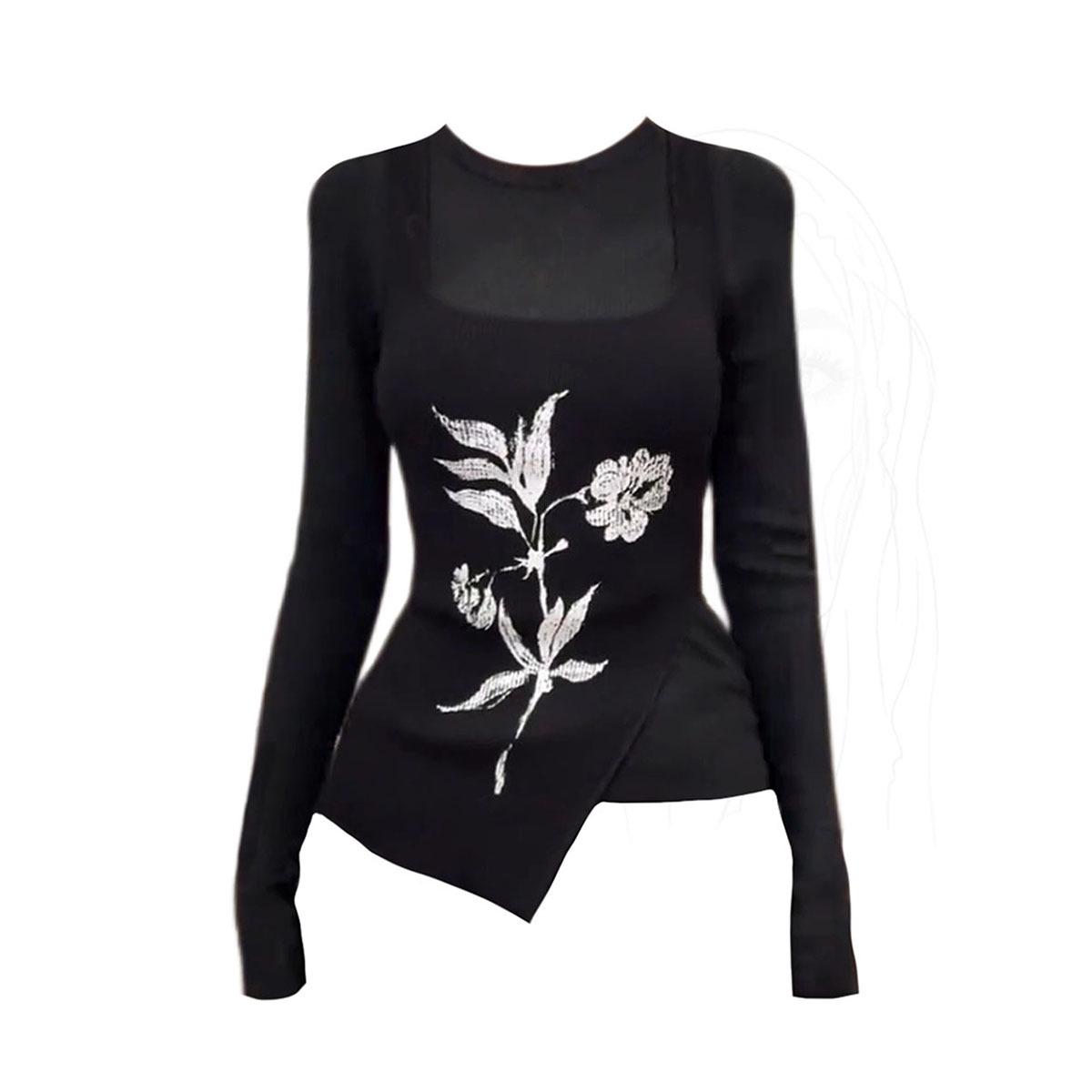 

Zhao Lusi Style Women s Chinese Retro Long Sleeve T-shirt & Floral Slit Camisole Two-Piece Set for Autumn L