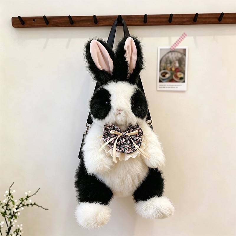 Cute Bowknot Plush Rabbit Backpack Realistic Long Fur Bunny Doll Cartoon Stuffed Animal Bag
