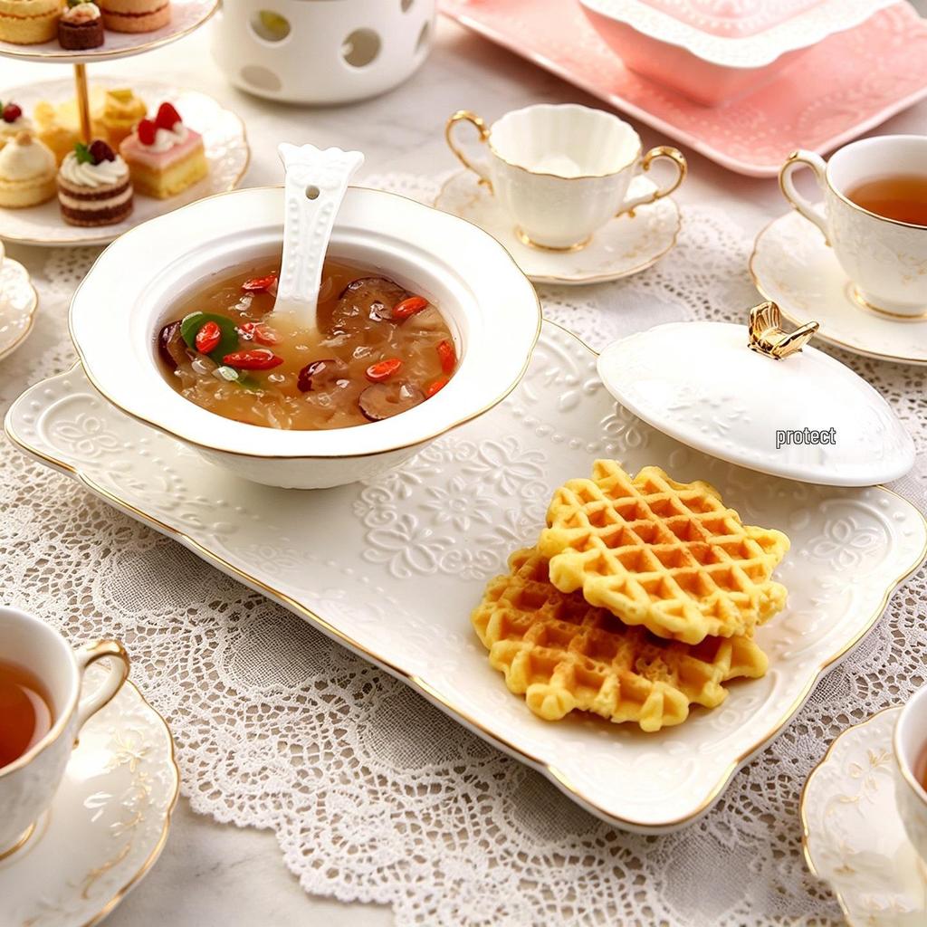 European Gold Rim Ceramic Bird's Nest Dessert Bowl with Lid | Embossed Palace Tureen Set for Sweet Soup
