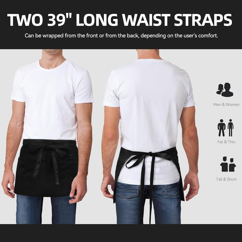 2/4Pcs Server Apron Water Oil Stain Resistant Women and Man Waiter Black Waist Aprons With 3 Pocket for Restaurant Coffe Cooking