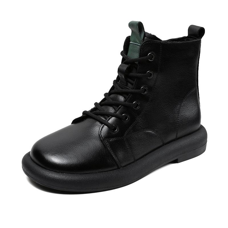 The First Layer of Cowhide Short Boots for Women In the Autumn and Winter of 2025, the New Retro Polished Leather Flat-bottomed Lace-up Martin Boots