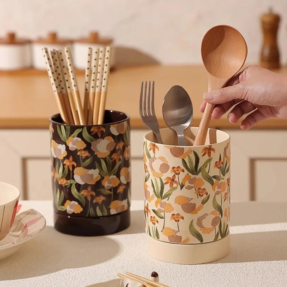 French Chopstick Holder Ceramic Chopstick Storage Box Chopstick Cage with Draining Water Spoon Holder Kitchens Accessories