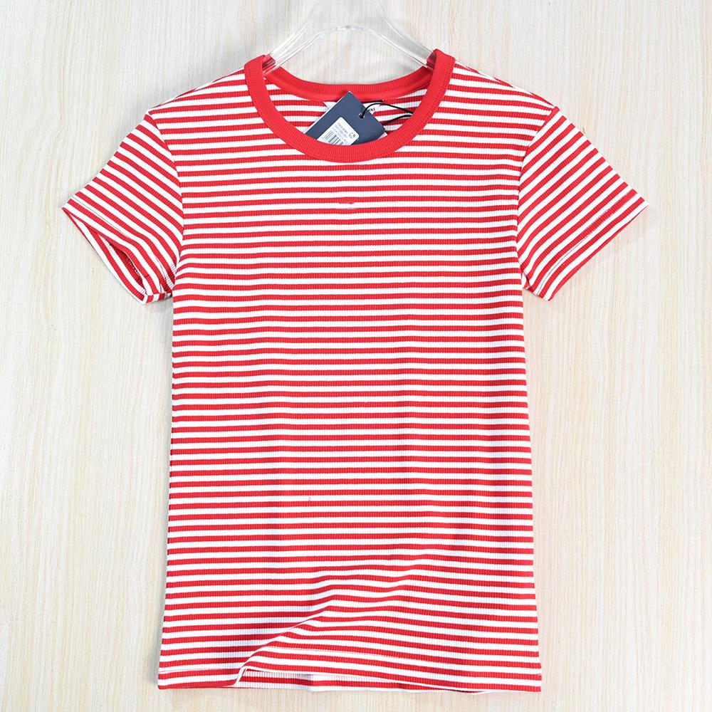 Siqi Women's Ribbed Stretch Cotton Color Block Striped Slim Fit Round Neck Short Sleeve T-shirt