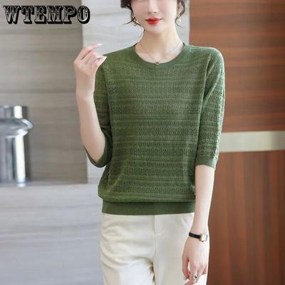 Female Hollow Out Knitted Sweater with Mid Sleeves Summer Loose and Stylish Top Short Knitted Sweater
