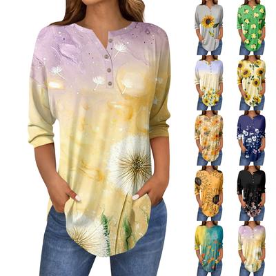 Tee Shirts For Women Fall Casual 3/4 Long Sleeve Button Shirts Sweatshirt Vintage  Top Pullover