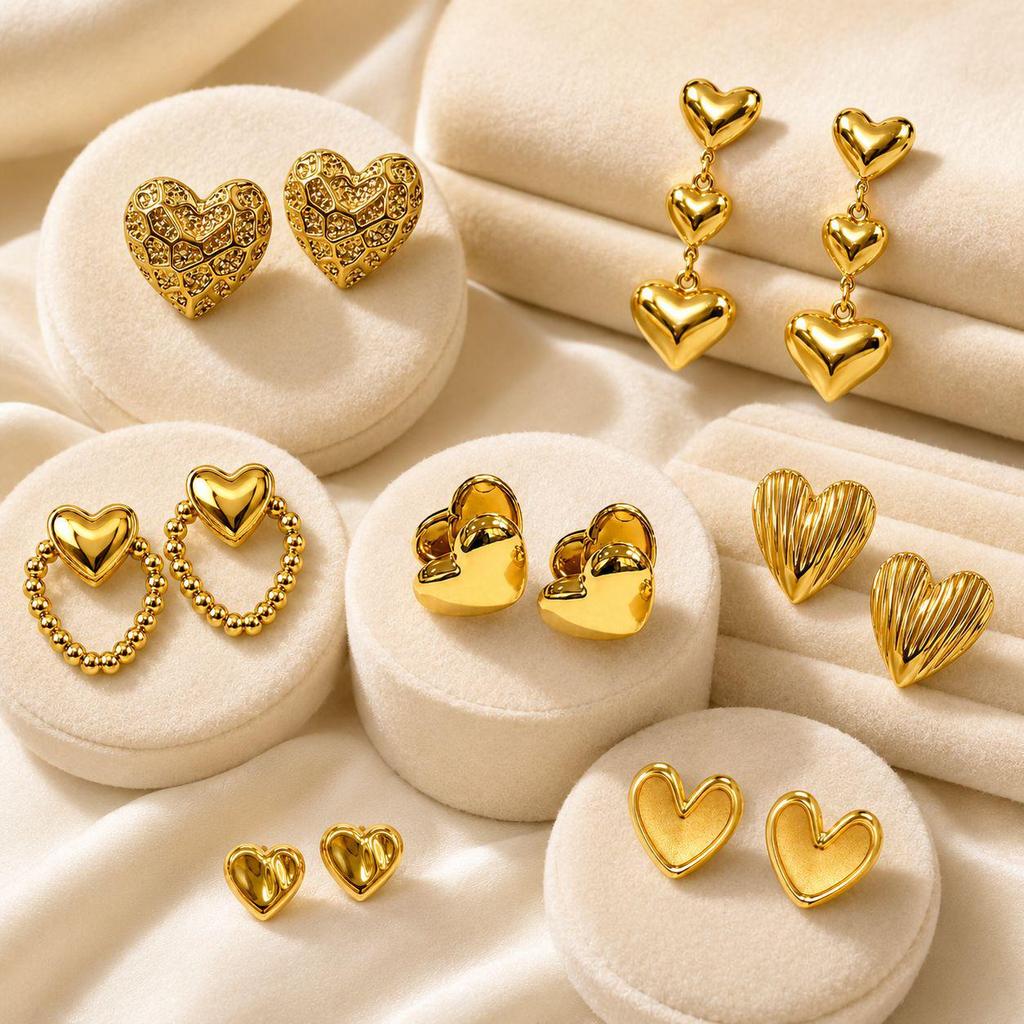 High-End Heart-Shaped Gold Stainless Steel Earrings | Creative Fashion Studs