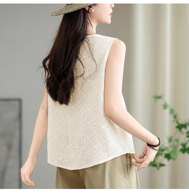 Summer Pure Cotton Embroidered Sleeveless Vest for Women