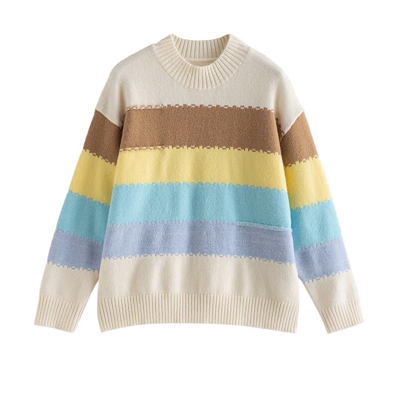 Chuyu Women's Dopamine Colorful Striped Round Neck Knit Sweater