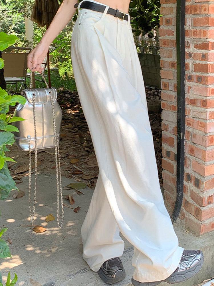 American White Wide-Leg Pleated Jeans for Women - Autumn 2024 High-End Loose Floor-Length Pants