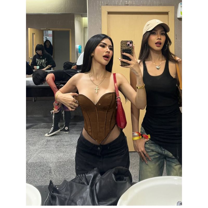 Kkx European and American Sexy Gyaru Style Court Temperament Solid Fishbone Waist Hugging Slim Fit Slimming Tube Top Vest Women's Top