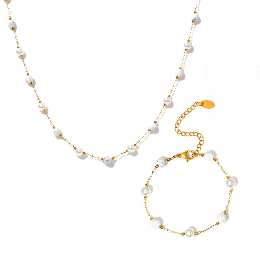 Europäische & Amerikanische Naturstein Perle Schlüsselbeinkette & Temperament Armband Set, Edelstahl Damen Nischen INS Stil