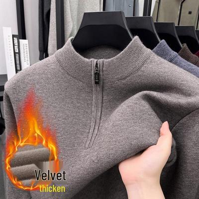 2025 Men's Thickened Fleece Knit Sweater with Half-High Collar and Zipper