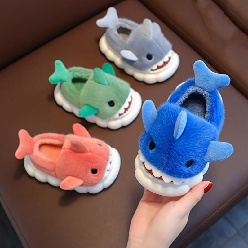 1 Pair Youngsters' Shark Plush Slippers - Soft Fleece-Lined Slip-On Indoor/Outdoor House Shoes with Cartoon Shark Design, Non-Slip PVC Sole