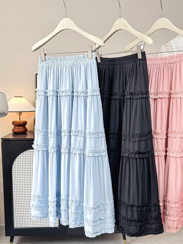 Women's Romantic French Ruffle Hem Layered Midi Skirt - Spring/Summer 2026 Collection, Princess White  