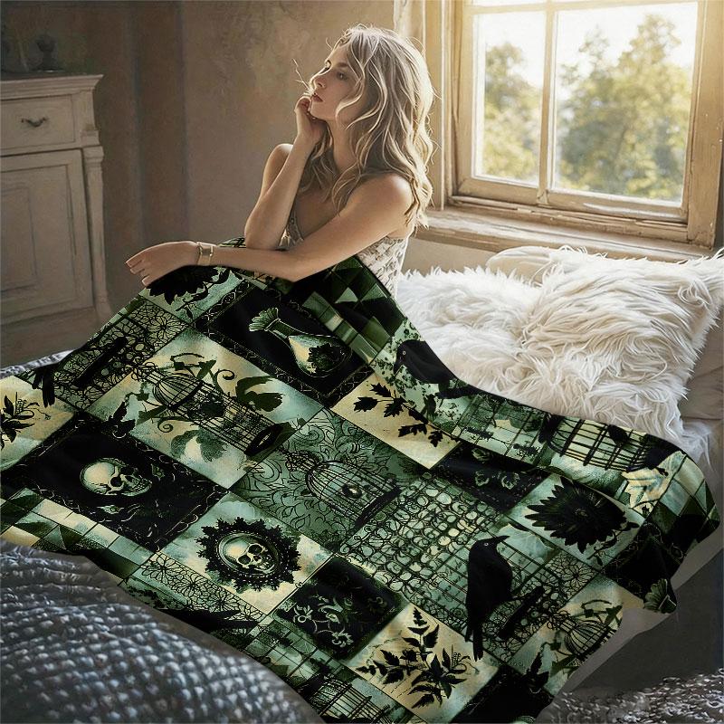 Gothic Tiles Crow Cage Skull Flannel Blanket Perfect for Sofa Office Bed Travel Sleep Read Relax Camping Four Season Use